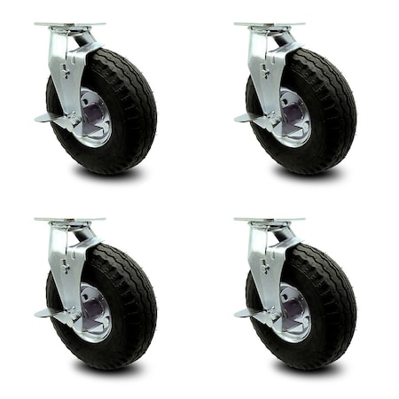 Service Caster 10 Inch Black Pneumatic Wheel Caster Swivel with Brakes 2 with Swivel Lock, 4PK SCC-100S3504-PNB-TLB-BSL-2-TLB-2